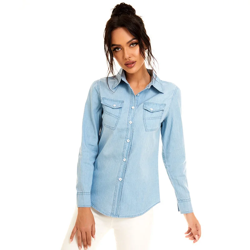 Women's Denim Irregular Pocket Shirt Jacket Plaid Jacket Tartan Jacket Houndstooth Jacket