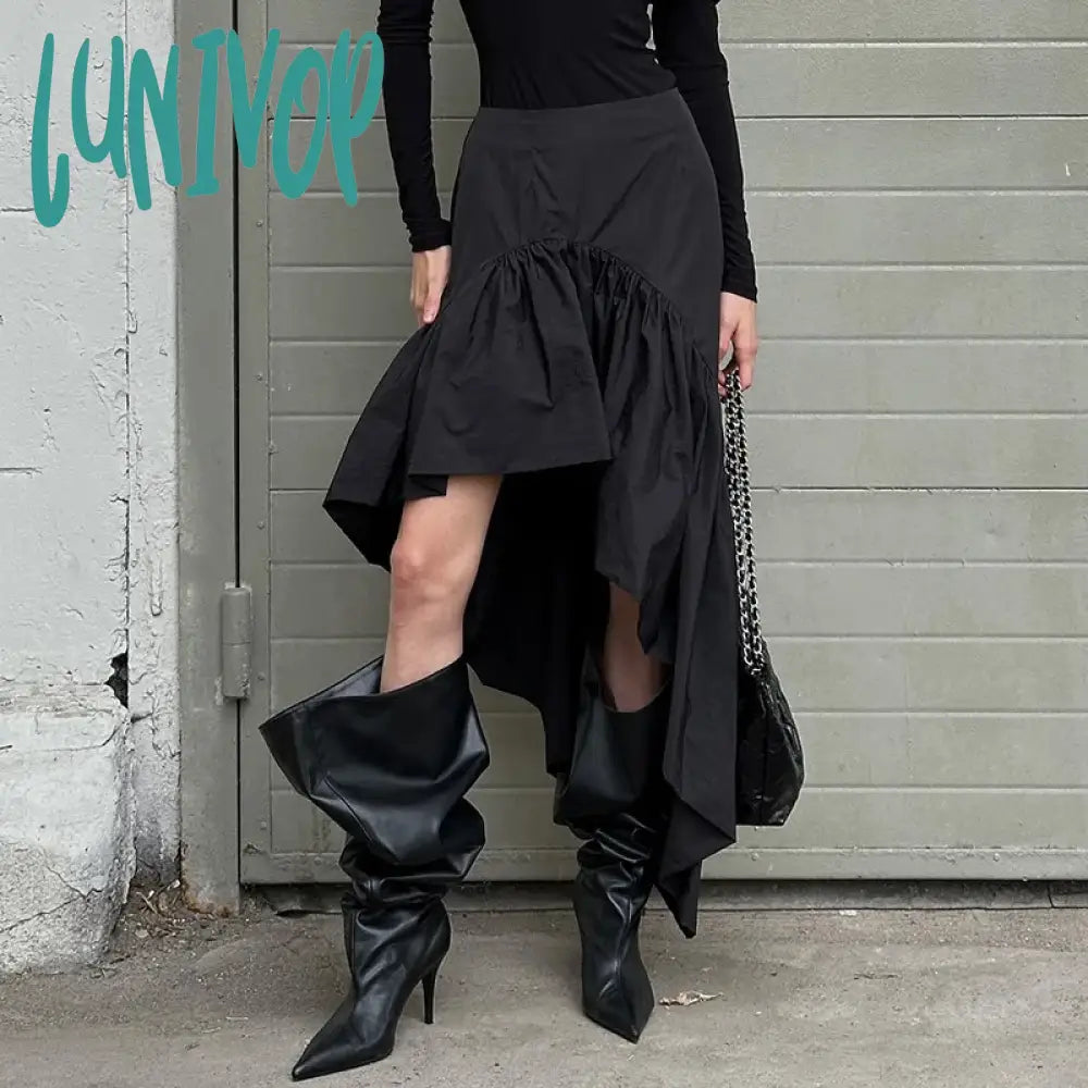 Lunivop Streetwear Fashion Irregular Skirt For Women Woven Splice Ruffled Midi Skirts Party Club Sexy High Waist Skirt Hot Girl linen skirt natural