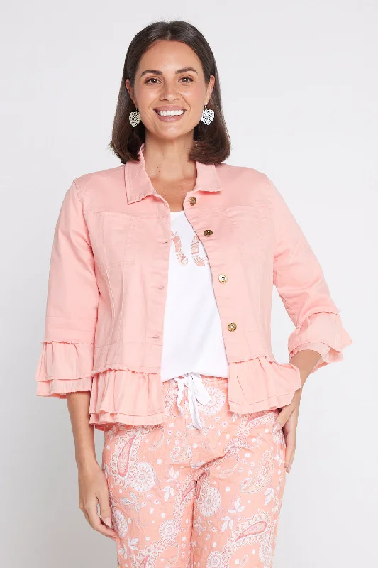 Leelah Cropped Ruffle Denim Jacket - Peach Wool Jacket Cashmere Jacket Tweed Jacket