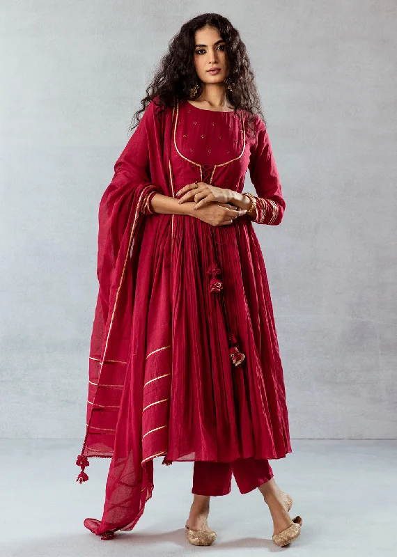 Cherry Red Mulmul & Cotton Jacket Anarkali Suit Set