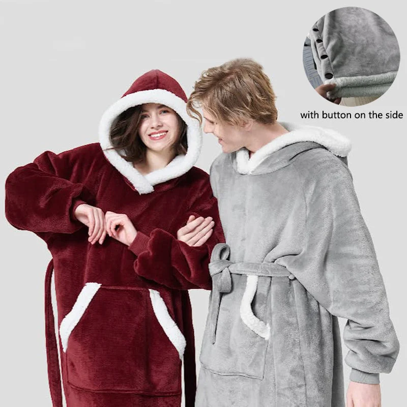 Winter Hoodie Blanket With Button Design Warm Home Clothes Women Men Oversized Pullover Open Neck Pullover