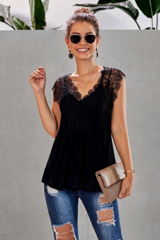 Eyelash Trim Spliced Lace V-Neck Tank tie dye tank
