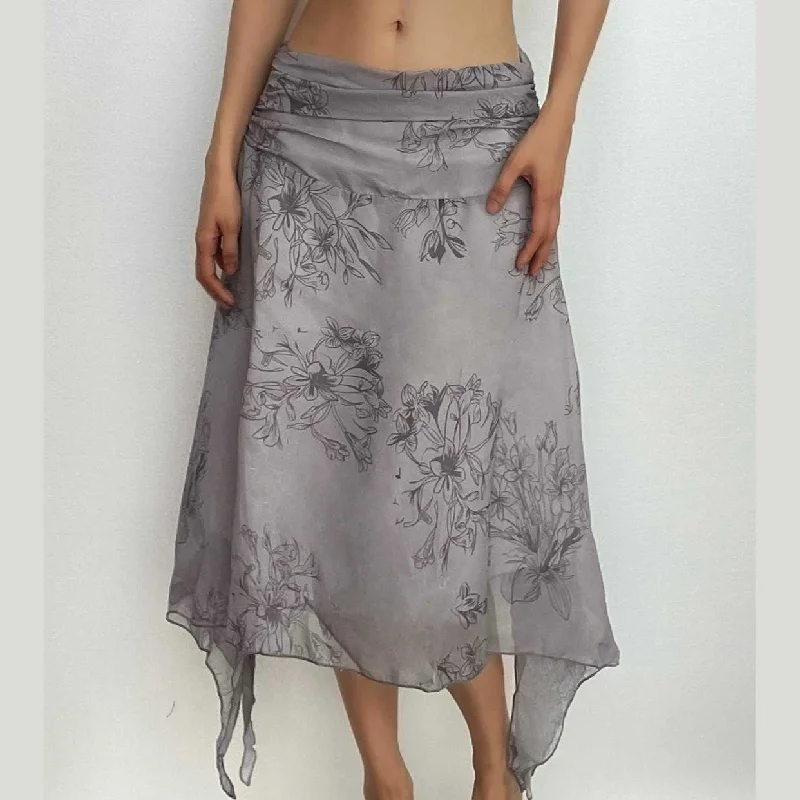Mesh flower print irregular ruffle zip-up midi skirt - Final Sale velvet skirt luxury