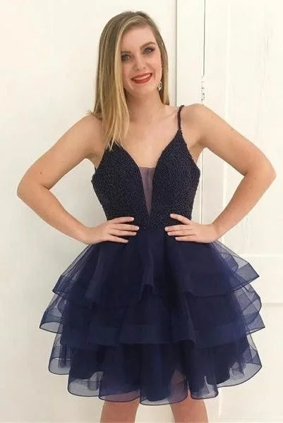 Layered Skirt Navy Blue Homecoming Gown with Beaded Plunging Neckline velvet skirt sumptuous