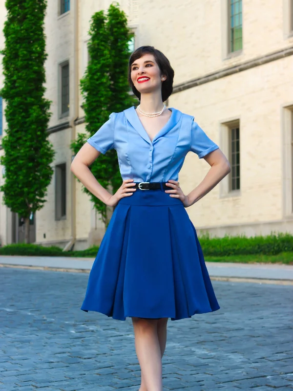 2PCS Dark Blue 1950s Solid Lapel Blouse & Pleated Skirt chiffon skirt flowing