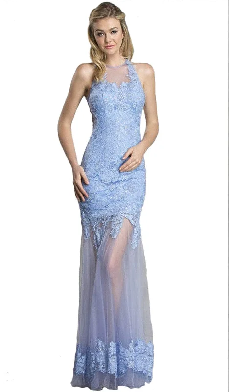 Trevi Collection - Long Sheath Gown with Sheer Illusion Skirt lace skirt romantic