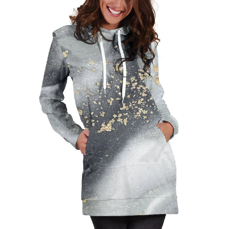 Grey Gold Liquid Marble Print Pullover Hoodie Dress