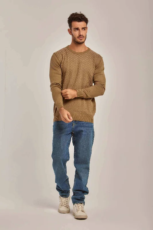 Men Regular Fit Pullover - Brown Gathered Sleeve Pullover