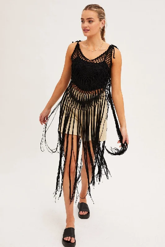Black Crochet Beach Pullover Dress Cover Up Set Sleeve Pullover