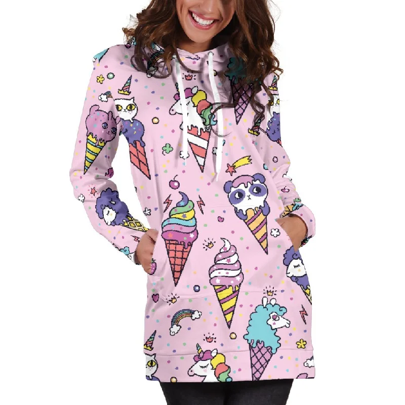 Girly Unicorn Ice Cream Pattern Print Pullover Hoodie Dress