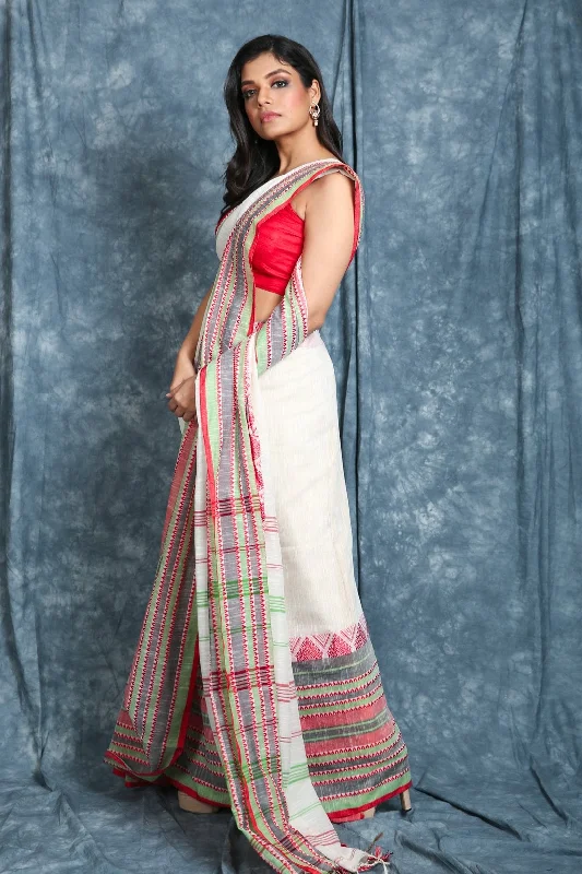 Women's White Begampuri  Cotton Saree With Multicolor Skirt Border - In Weave Sarees casual skirt length