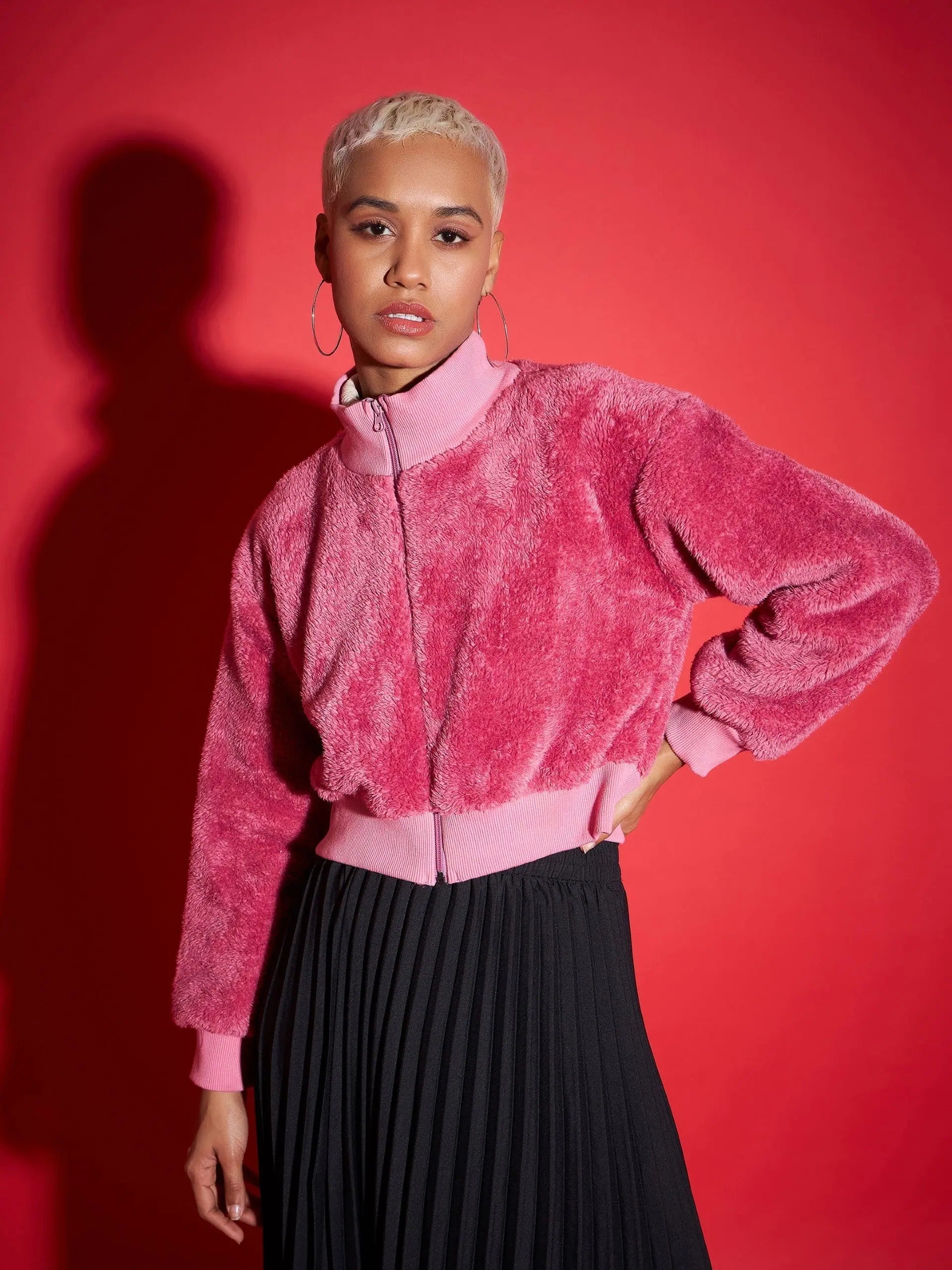 Women Solid Standard Pink High Neck Full Sleeve Jacket Tailored Jacket Straight Jacket A-Line Jacket