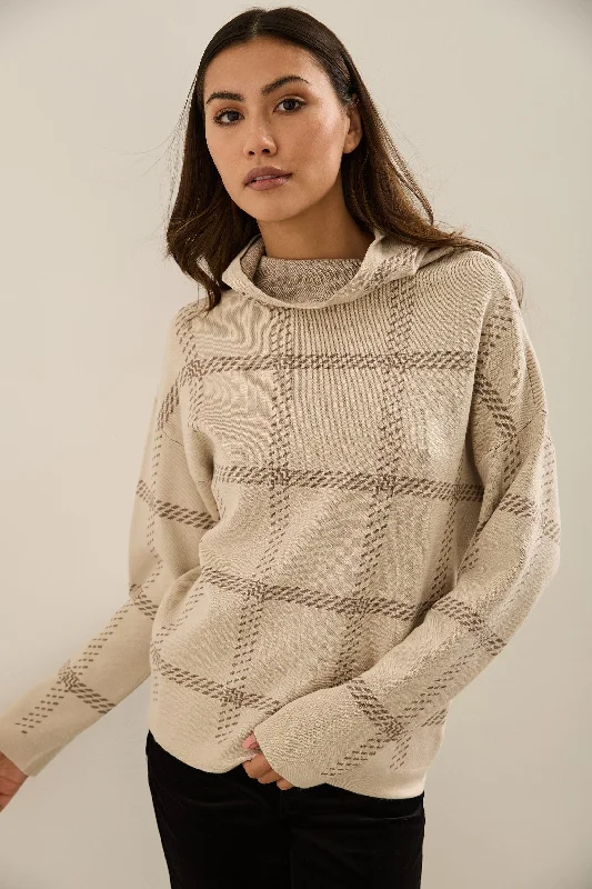 Hooded Jacquard Sweater Ribbed Striped Patterned