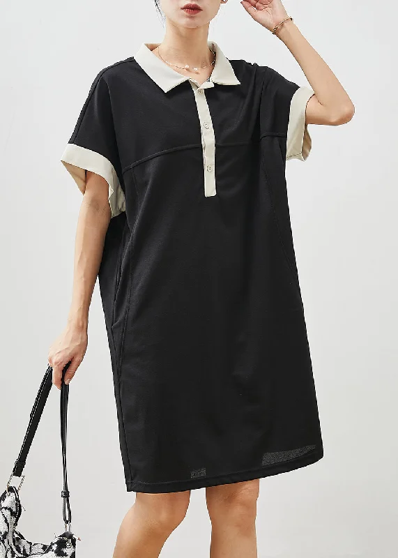 Stylish Black Oversized Pockets Cotton Pullover Streetwear Dress Summer Sheath Sleeve Elegant