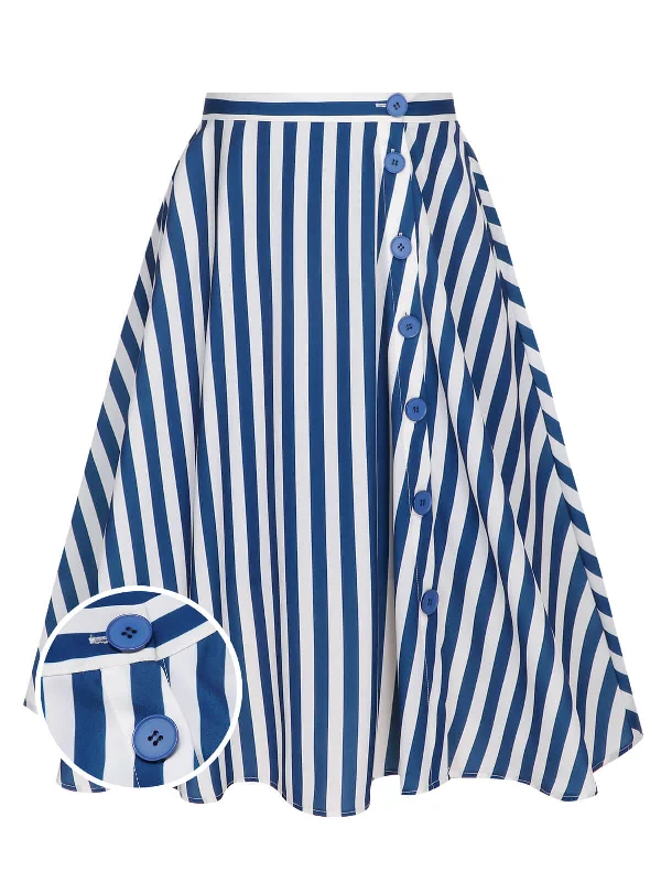 Blue 1940s Stripe Buttoned A-Line Skirt denim skirt casual
