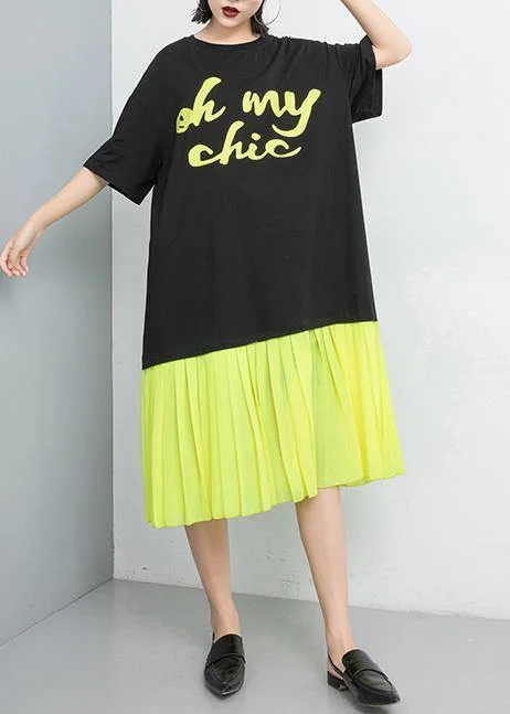 Vivid Stitches Fashion Women cotton dresses yellow Spliced Pullover Dress Keyhole Neck Pullover