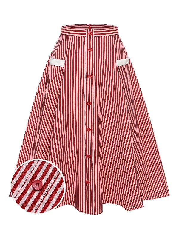 Red 1940s Buttoned Stripes Skirt lace skirt elegant