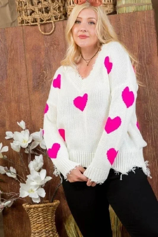 Neon Fuchsia Heart Print Distressed V Neck Long Sleeve Sweater Plaid Sweater Polka Dot Checkered