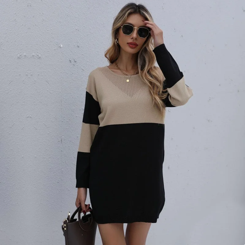 Pullover Round Neck Loose Knitted Stitching Contrast Color Woolen Skirt High Neck Pullover