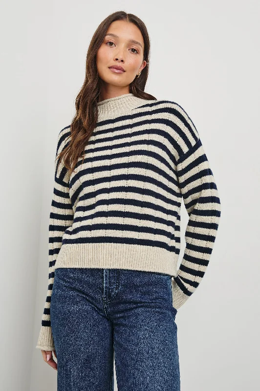 CORRINE SWEATER - OAT NAVY STRIPE Hooded Caped Shawl Collar