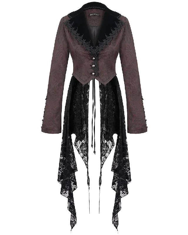 Devil Fashion Womens Gothic Lace Hem Tail Coat Blazer Jacket Red Black Steampunk Plaid Jacket Tartan Jacket Houndstooth Jacket