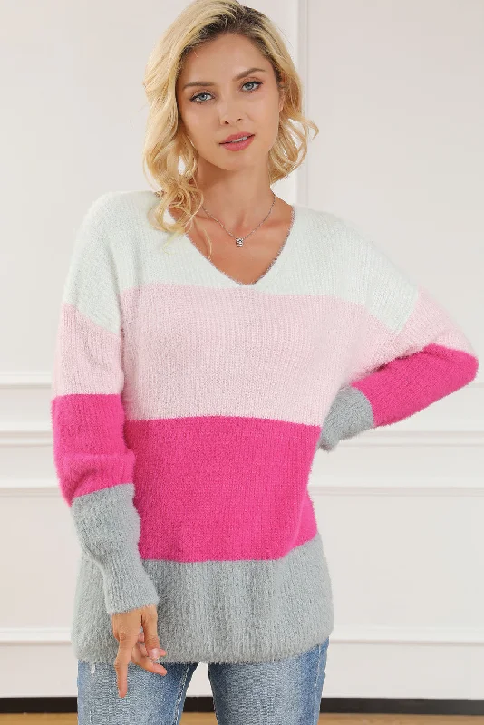 Color Block V-Neck Dropped Shoulder Sweater-online exclusive Chenille Fabric Brocade Fabric Lace Fabric