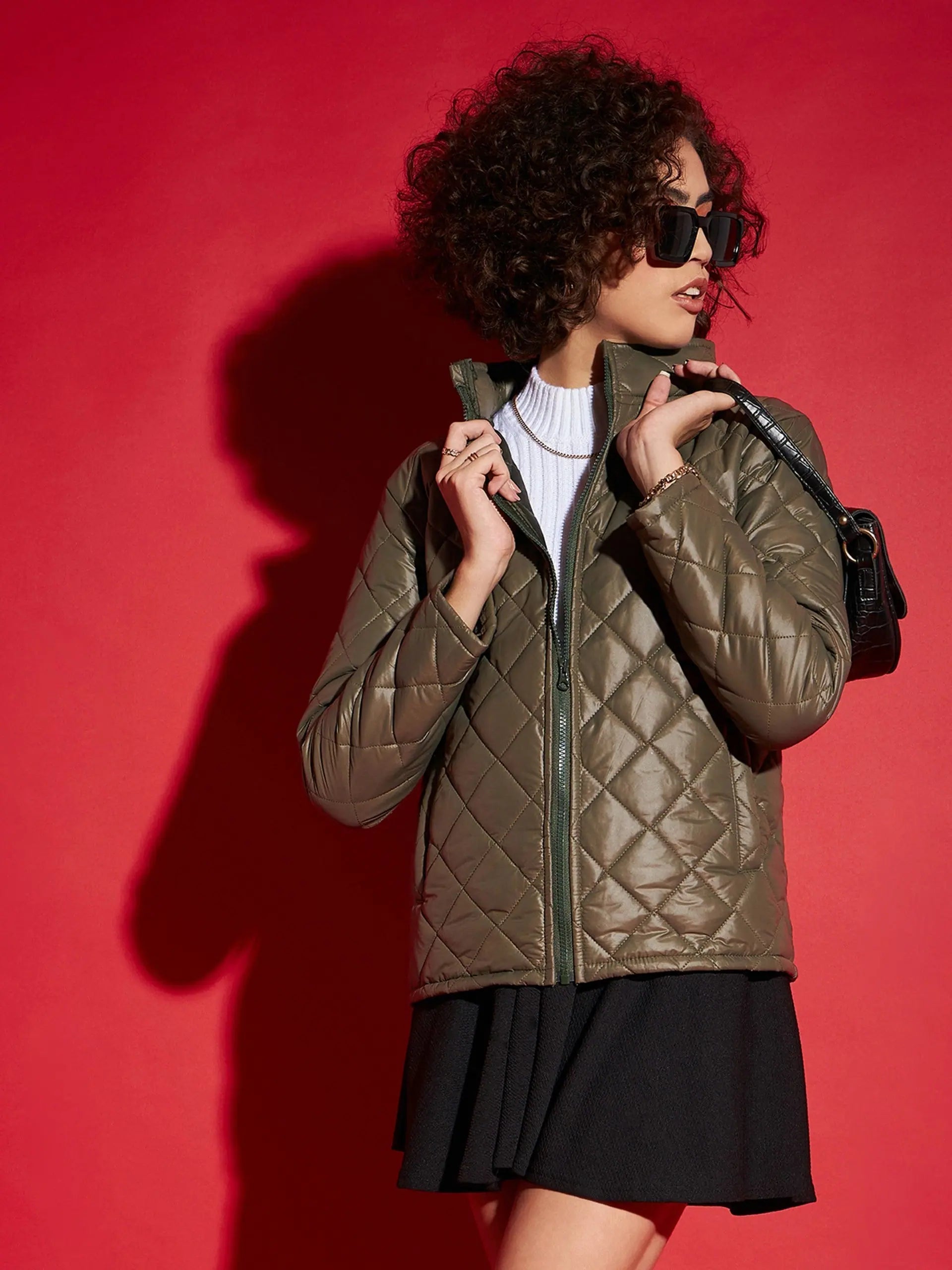 Women Solid Standard Olive High Neck Full Sleeve Jacket Notch Collar Peter Pan Collar Cowl Neck