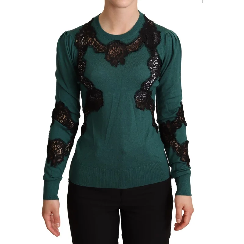 Dolce & Gabbana Elegant Green Pullover with Black Lace Detail Sabrina Neck Pullover