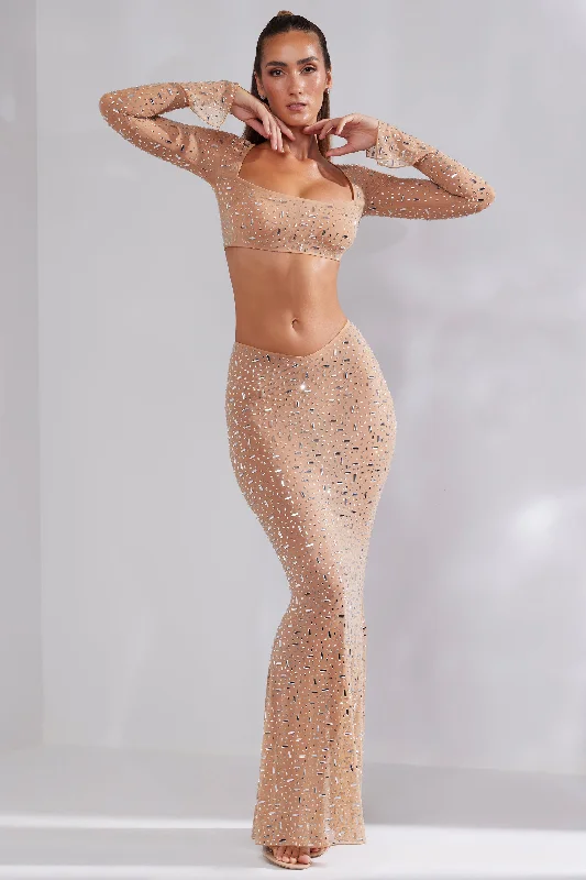 Sheer Embellished V-Waist Gown Skirt in Almond satin skirt smooth
