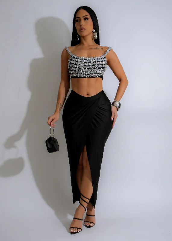 She's Shining Rhinestone  Skirt Set Black leather skirt bold