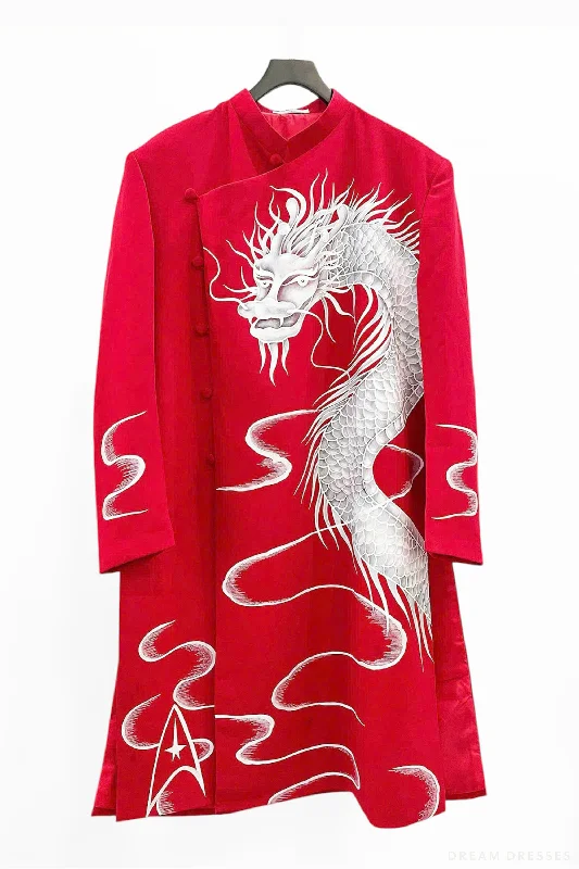 Red Groom Ao Dai Jacket | Hand-Painted Dragon Vietnamese Ao Dai (#CUONG) Chenille Jacket Brocade Jacket Lace Jacket
