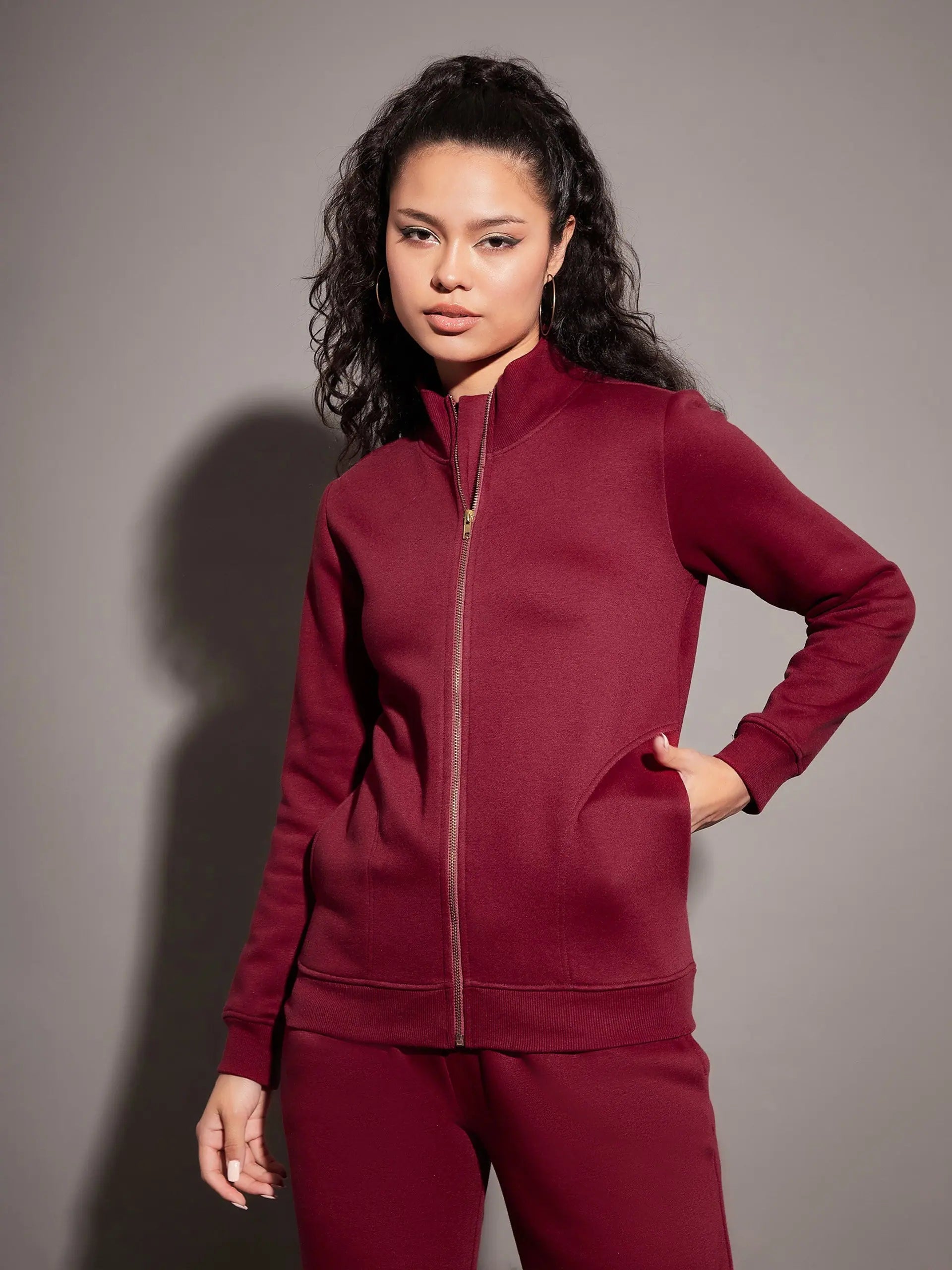 Women Solid Standard Maroon Full Sleeve Jacket Nylon Fabric Polyester Fabric Spandex Fabric