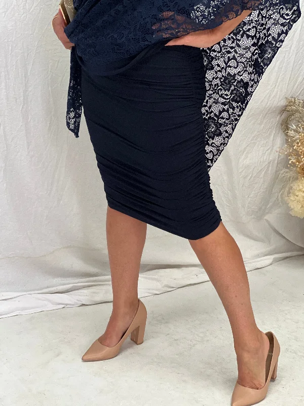 Noelle Navy Ruched Skirt high slit skirt