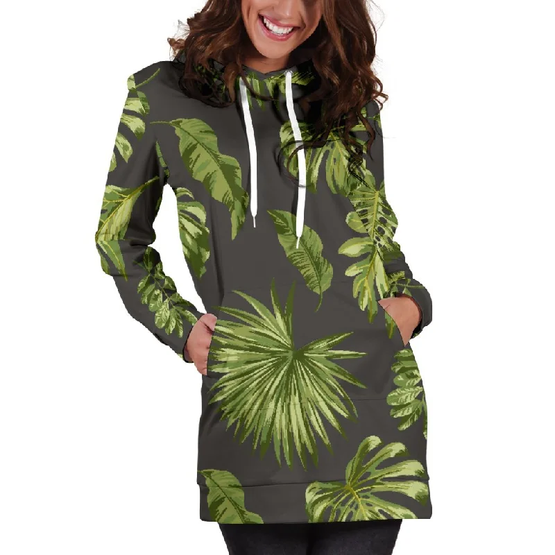 Dark Tropical Leaf Pattern Print Pullover Hoodie Dress