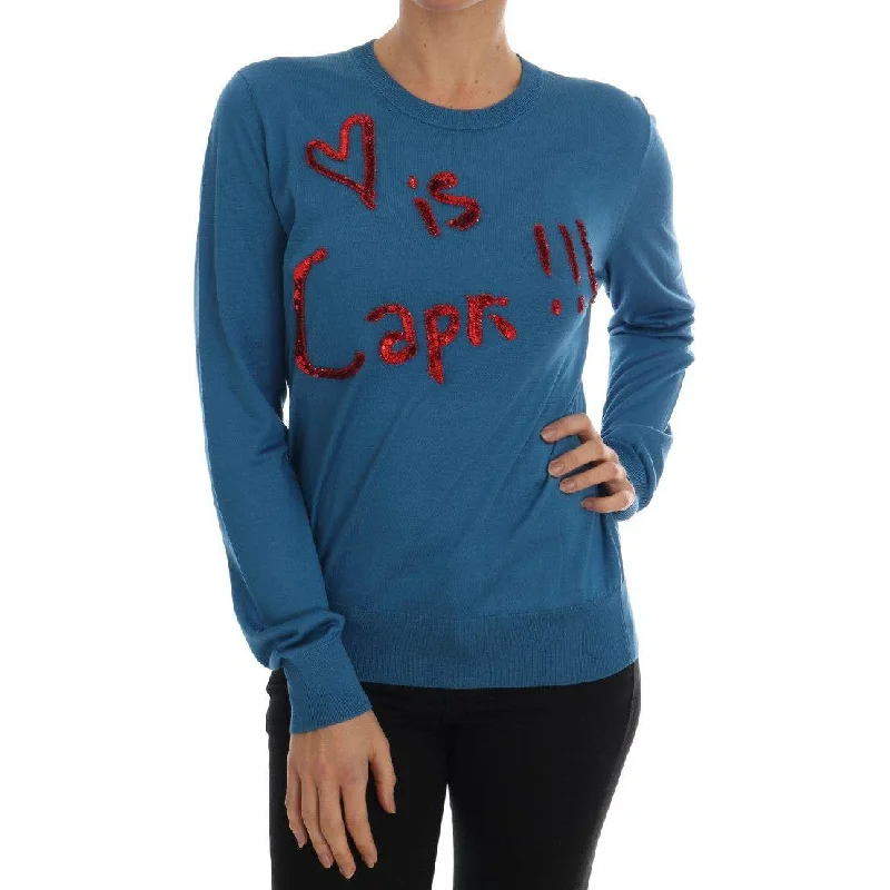 Dolce & Gabbana Blue Silk Sequined Capri Pullover Sweater High Neck Pullover