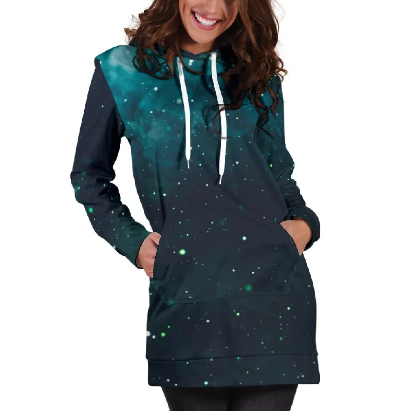 Dark Teal Galaxy Space Print Pullover Hoodie Dress