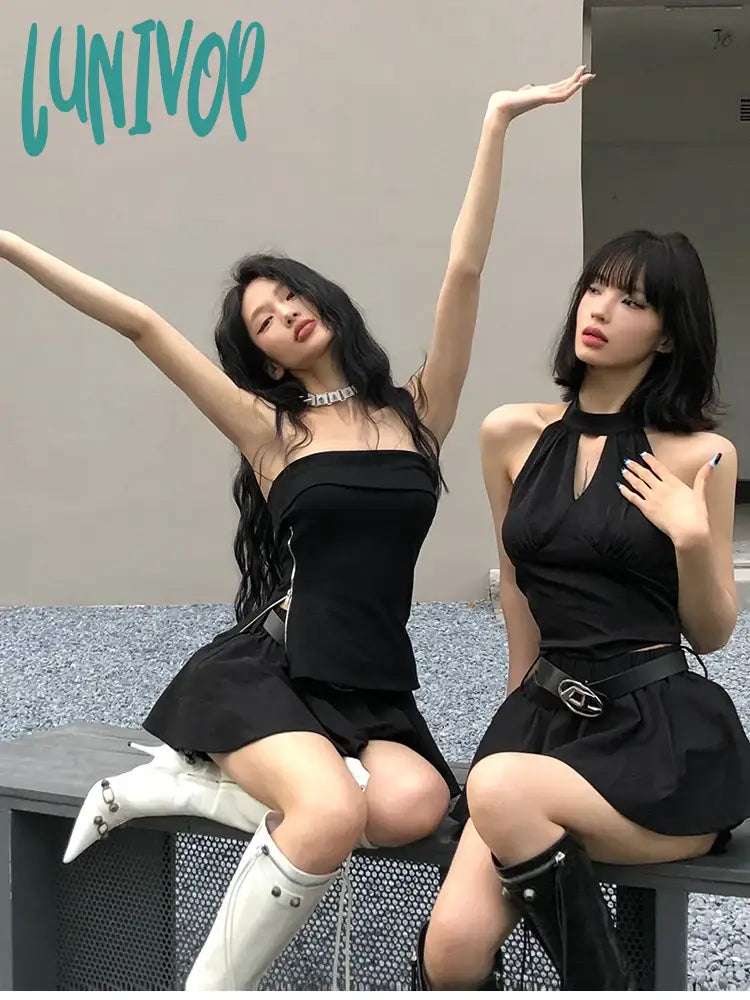 Lunivop Summer Black Y2k Two Piece Skirt Set Women Sexy Gothic Party Mini Skirt Set Female Korean Fashion Designer Slim Elegant Set linen skirt airy