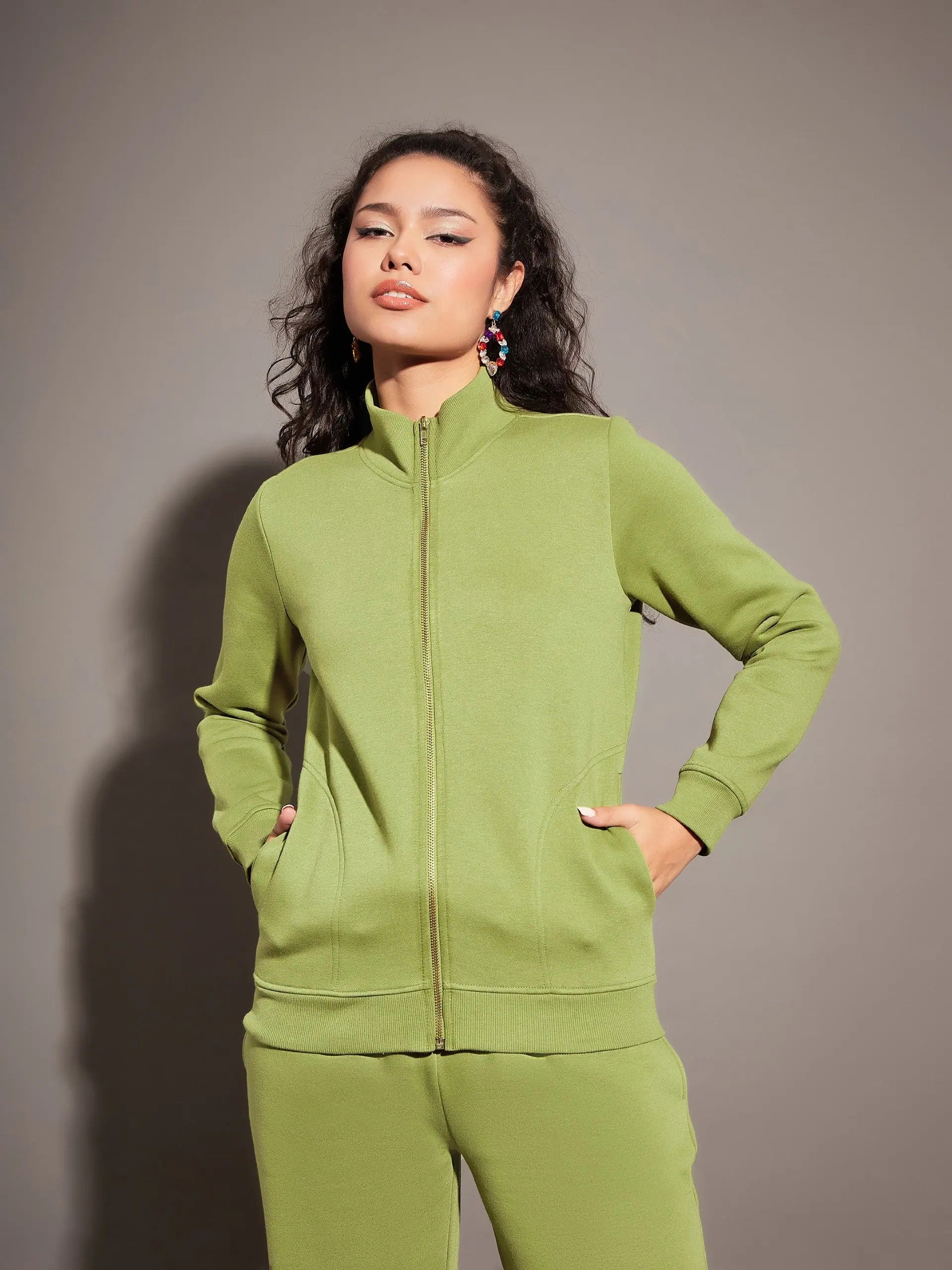 Women Solid Standard Olive Full Sleeve Jacket Ribbed Jacket Pleated Jacket Ruffled Jacket