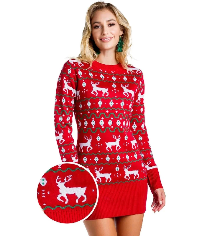 Women's Red Reindeer Sweater Dress Collared Crew Neck Turtle Neck