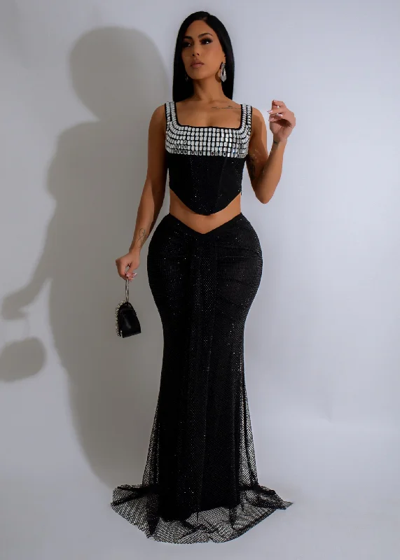 Celestial Glimmer Rhinestones Ruched Skirt Set Black cashmere skirt fine