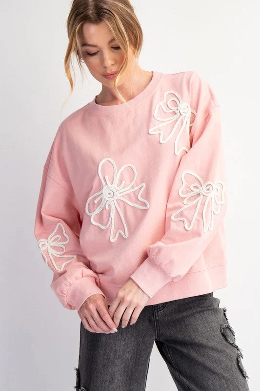 Bow Patch Pullover Flare Sleeve Stylish