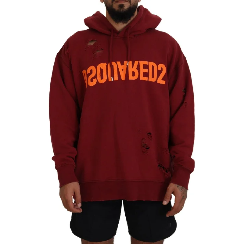 Dsquared² Maroon Cotton Tattered Hooded Printed Pullover Sweater Alpaca Blend Soft
