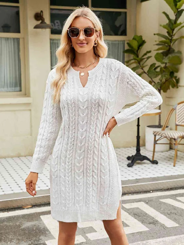Notched Neck Cable-Knit Slit Sweater Dress High Neck Crew Neck V-Neck