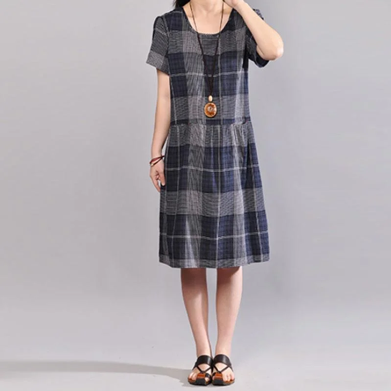Elegant cotton shift dresses plus size clothing Short Sleeve Casual Plaid Summer Pullover Dress Polo Neck Sweater