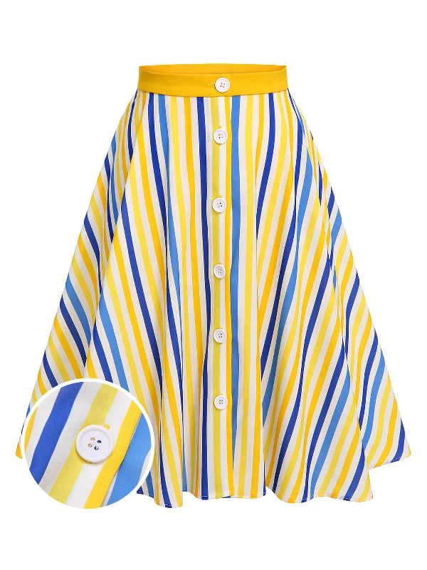 1950s Yellow White Blue Striped Button Skirt leather skirt durable