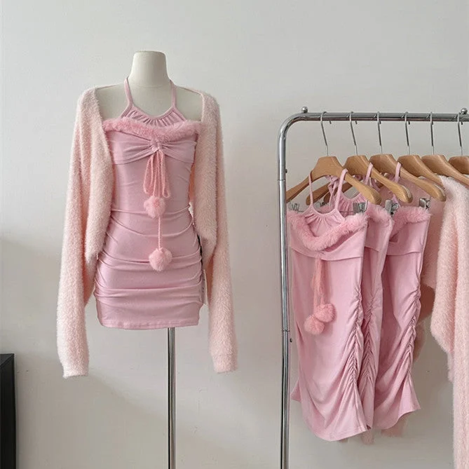 Pink suspender + jacket two-piece set  KF70532 Snapped Jacket Toggled Jacket Drawstring Jacket