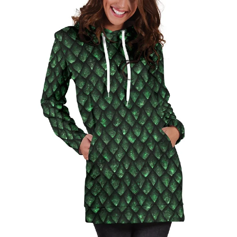 Green Dragon Scales Pattern Print Pullover Hoodie Dress