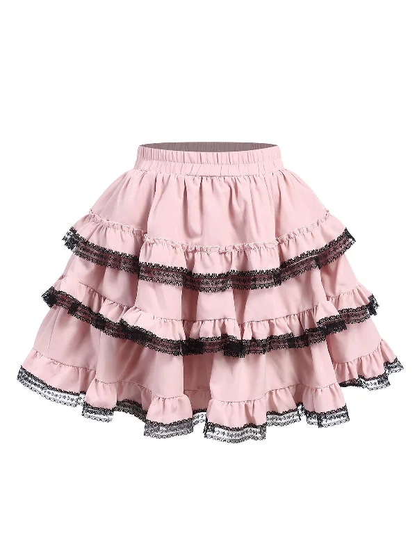 Pink 1980s Steampunk Lace Trimmed Layered Skirt cotton skirt soft