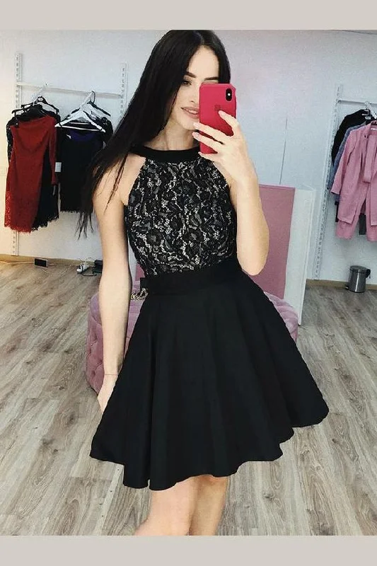 Black Lace Halter Homecoming Party Gown with Satin Skirt cashmere skirt rich