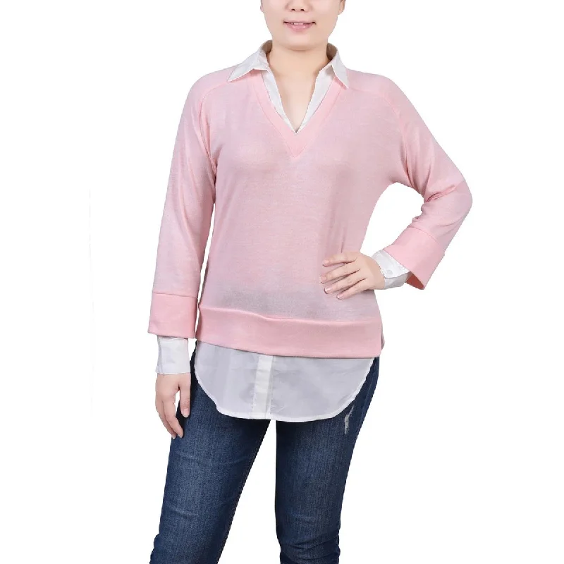 NY Collection Womens Petites Layered Long Sleeve Pullover Top
